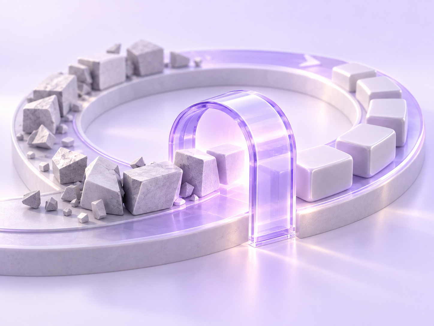 Rough porcelain modules pass through a luminous glass chamber and emerge smooth in a continuous cycle.