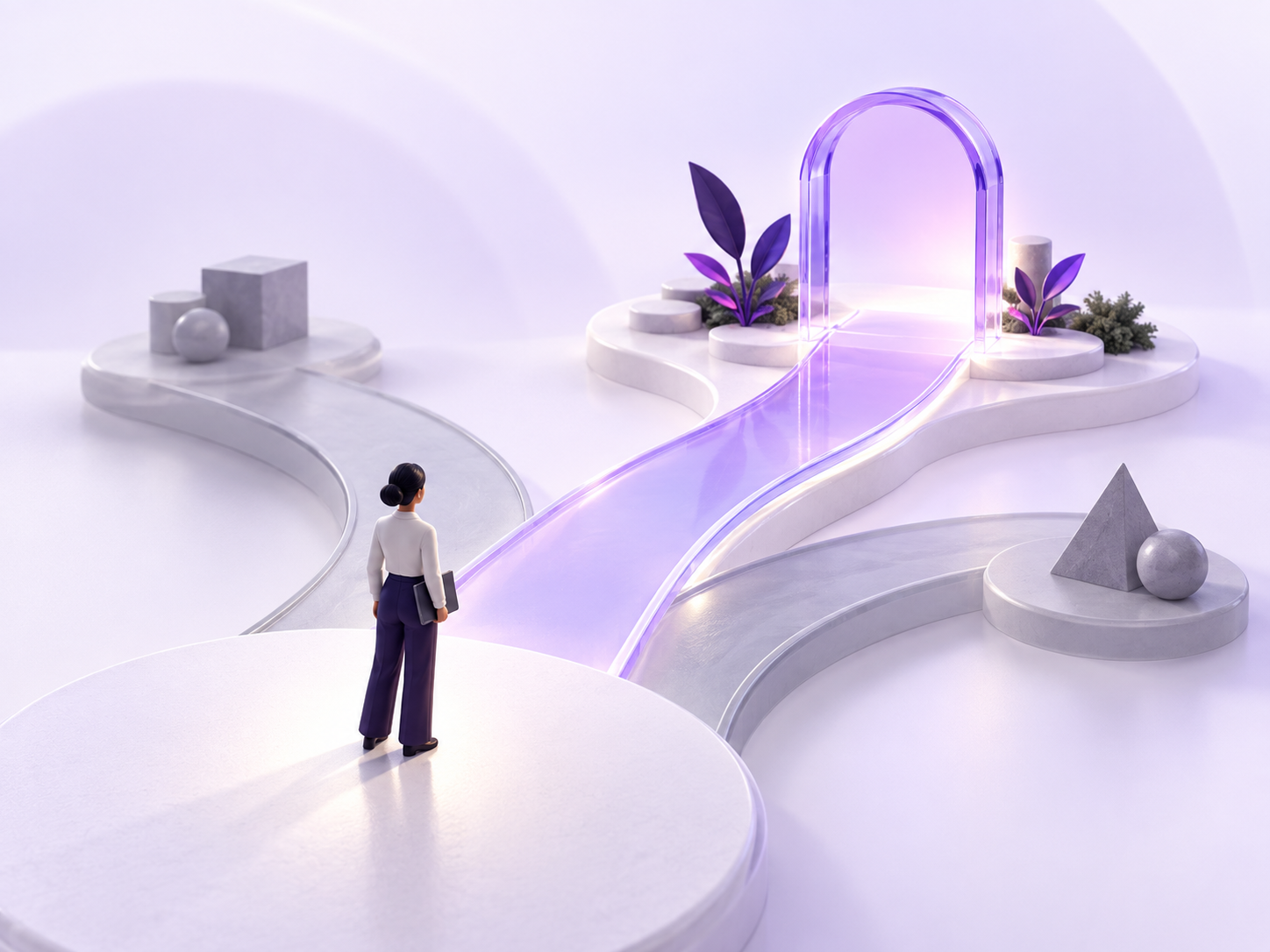 A professional stands before a luminous glass threshold inside a branching practice environment.