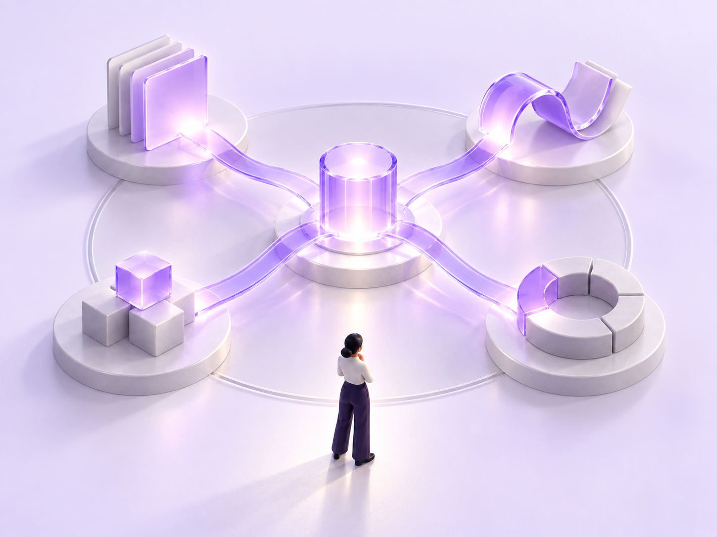 A central violet source synchronizes four different training elements while a professional reviews the change.